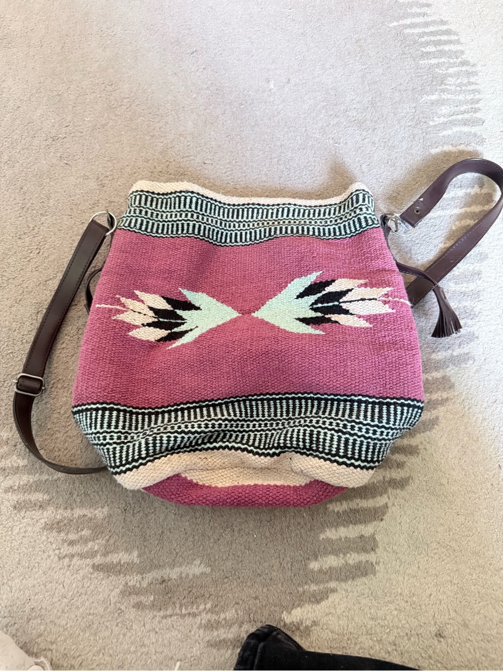 Woven Pink Patterned Crossbody Bucket Bag